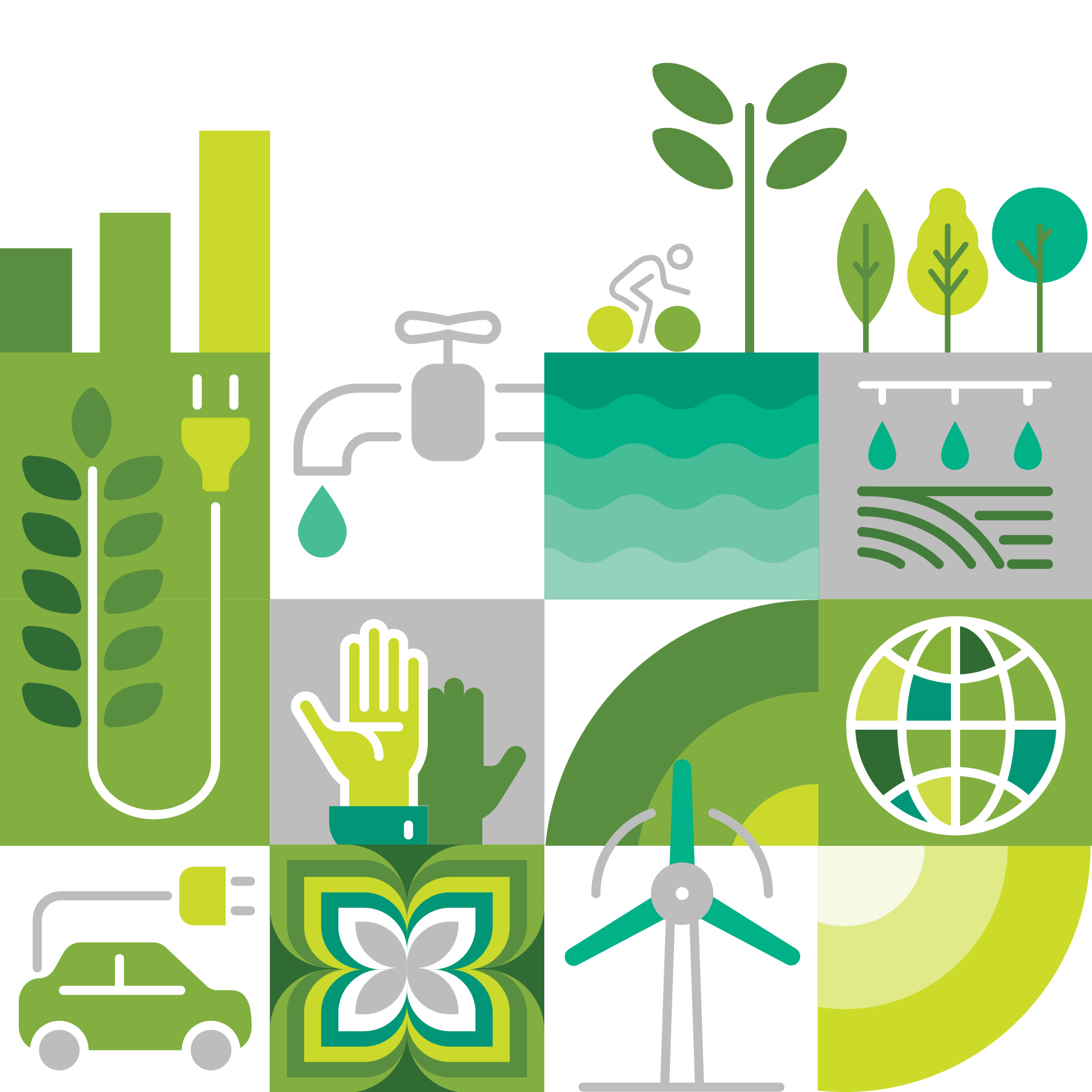 Gráficos que representan diferentes tipos de imágenes que muestran la sostenibilidad climática, que incluyen energía solar, torres eólicas, agua limpia, automóviles eléctricos y electricidad Gráficos que representan diferentes tipos de imágenes que muestran la sostenibilidad climática, que incluyen energía solar, torres eólicas, agua limpia, automóviles eléctricos y electricidad