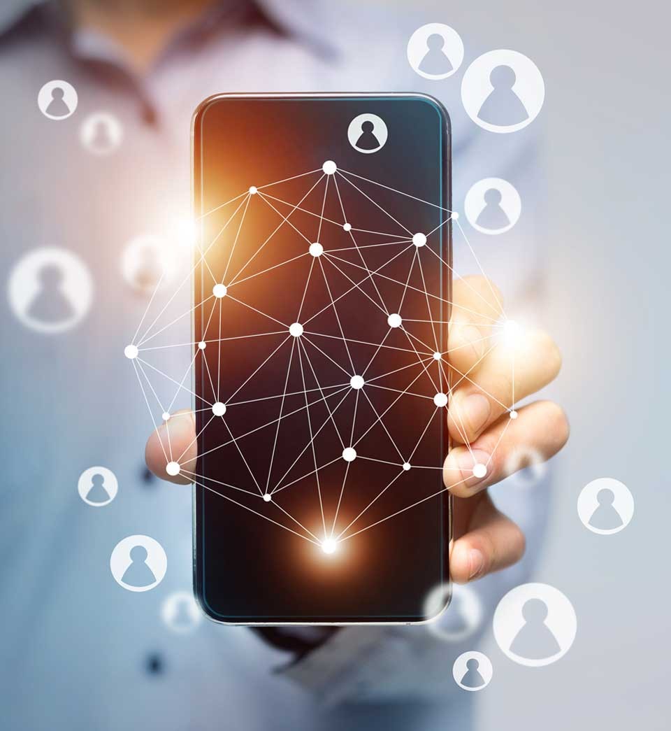 Woman holding cellphone with virtual connection diagram Woman holding cellphone with virtual connection diagram