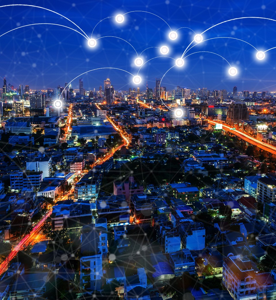 Abstract line connections with an aerial view of city night background Abstract line connections with an aerial view of city night background