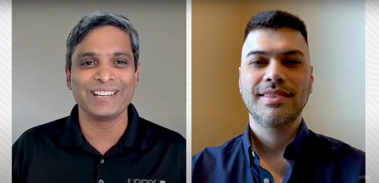 Split screen with Sudheer Matta on the left side and Stan Ringoringo and on the right side. Sudheer is wearing a black shirt with Juniper on it. Stan is learning a blue shirt.